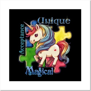 Autism Awareness Kawaii Unicorn and Puzzle Pieces Posters and Art